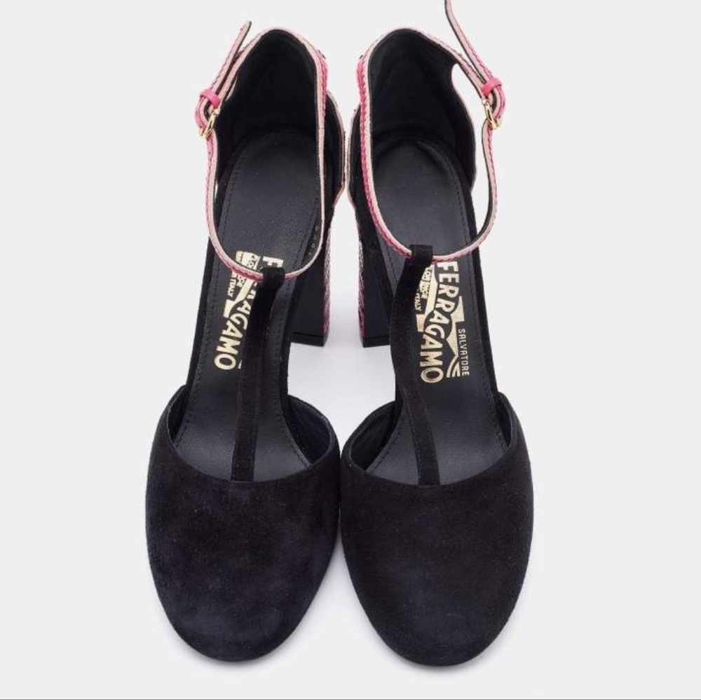 Salvatore Ferragamo Black/Pink Suede And Leather Fergie T-Strap Pumps - Picture 3 of 13